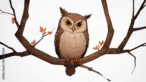 An owl sits on a bare tree branch.

