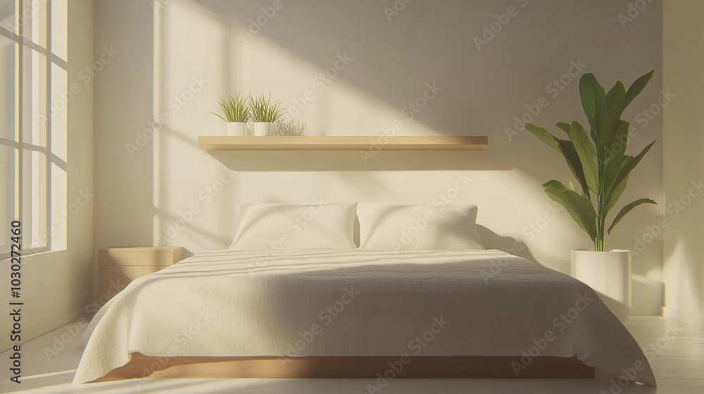 Minimalist bedroom with neutral tones, a floating shelf displaying a small plant, and a low bed with soft linens Minimalist bedroom with neutral tones, a floating shelf displaying a small plant, and a low bed with soft linens
