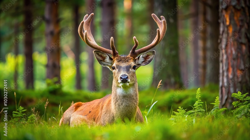 Wild deer resting on grass in Siberian forest Wild deer resting on grass in Siberian forest