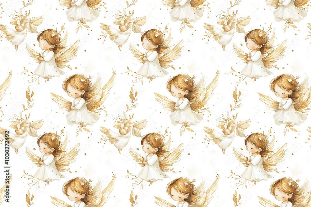 A seamless watercolor design featuring golden baby angels, perfect for creating elegant textiles, wallpapers, or gift wrapping.