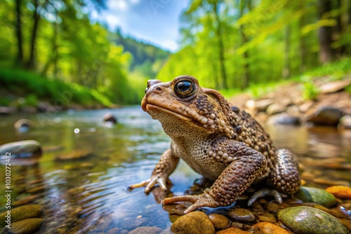 Low angle view of American Toad Anaxyrus americanus hunting near forest stream photo