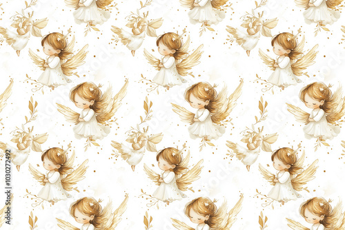 Obraz na płótnie A seamless watercolor design featuring golden baby angels, perfect for creating elegant textiles, wallpapers, or gift wrapping. w salonie