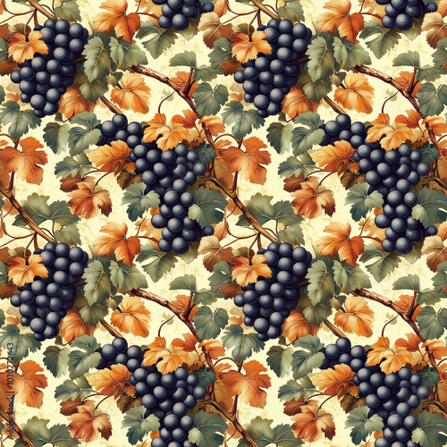 Wallpaper Mural Seamless pattern featuring clusters of black grapes and autumn vine leaves. the vintage design is ideal for various uses such as prints, cards, posters, and textiles. Torontodigital.ca
