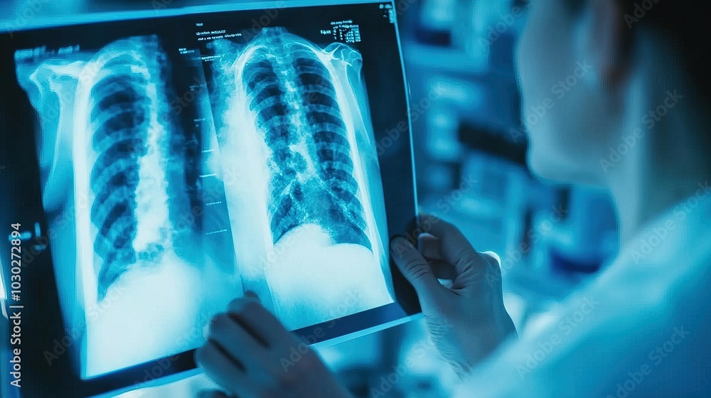 Doctor carefully examines X-ray film of patient's lungs, identifying COVID-19 complications, with medical instruments and charts in the background. Doctor carefully examines X-ray film of patient's lungs, identifying COVID-19 complications, with medical instruments and charts in the background.