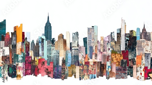 A collage of a city skyline in various colors, against a white background.
