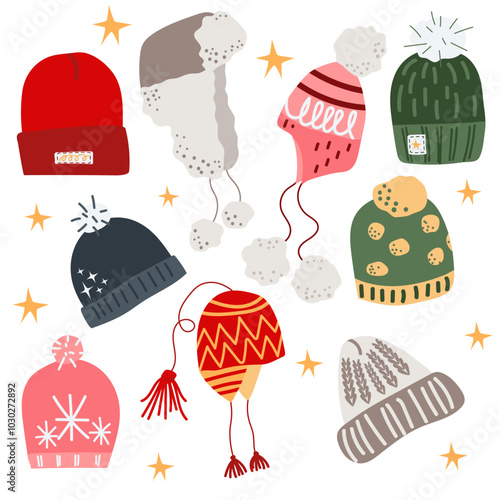 Vector winter knitted or faux fur warm hats set with pompons, ear flaps and decorations, snowflakes, stars
