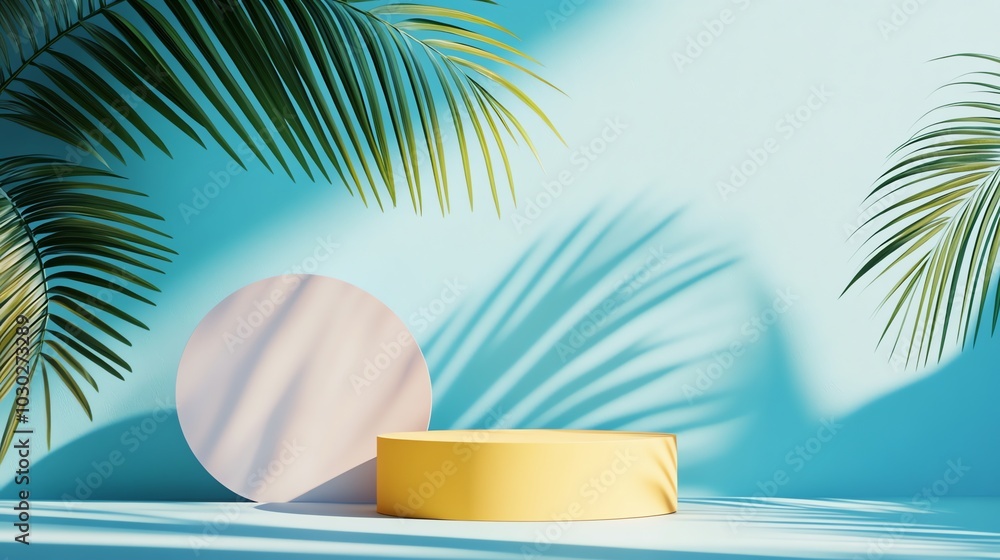 Obraz premium A yellow and pink podium with palm fronds in a blue background.