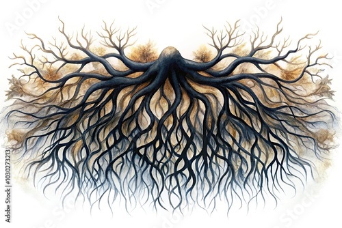 watercolor panoramic of black roots entangled with white background photo