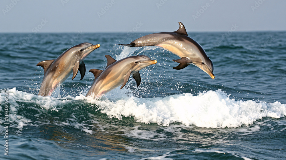 Fototapeta premium Dolphins are gracefully leaping out of ocean waves, showcasing their playful nature and agility. scene captures beauty of marine life in vibrant, dynamic setting