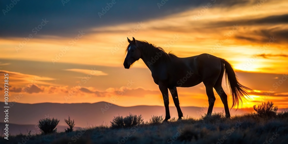 Wild horse silhouette against summer sunset in the Pryor Mountains Montana Wild horse silhouette against summer sunset in the Pryor Mountains Montana