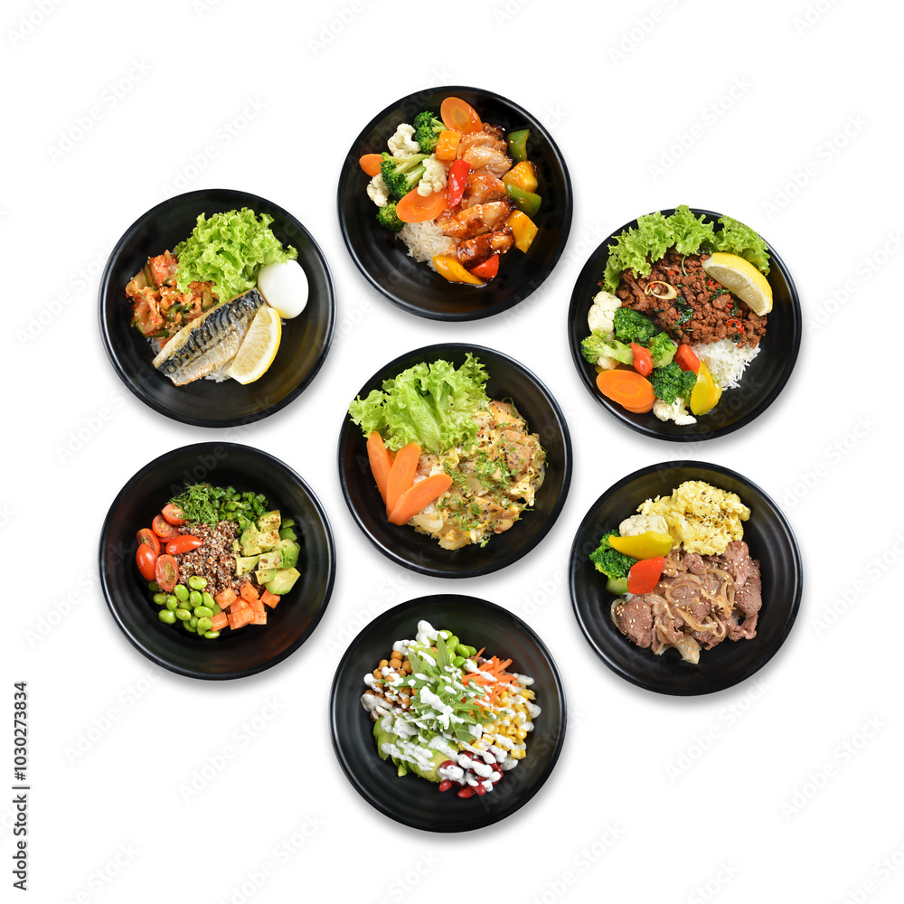 seafood pasta with burger, pizza, salad, breakfast, chicken, curry fish top view group set on white marble table western spaghetti cuisine halal food hotel luxury cafe menu cover design seafood pasta with burger, pizza, salad, breakfast, chicken, curry fish top view group set on white marble table western spaghetti cuisine halal food hotel luxury cafe menu cover design