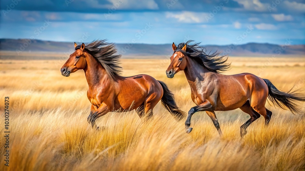 Obraz premium Wild horses galloping in open plain with tall grass