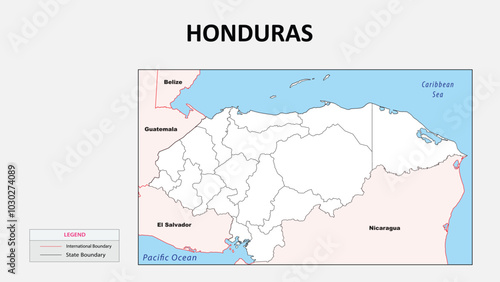 honduras Map. Political map of honduras with state border in outline. Political map of honduras with outline and neighbouring countries.