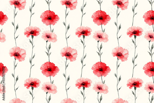 A beautiful seamless pattern featuring vibrant red watercolor poppies with green stems, set against a light cream background. perfect for wallpapers, and paper gift packaging.