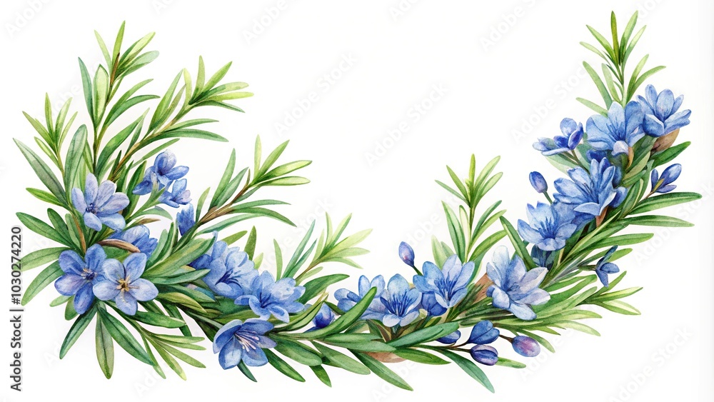 Watercolor rosemary clipart with blue flowers and green foliage Watercolor rosemary clipart with blue flowers and green foliage