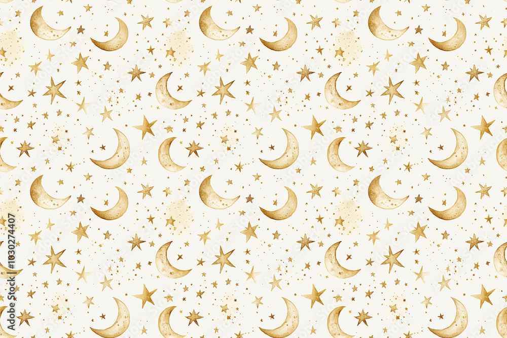 A seamless watercolor arrangement of golden stars and moon in multiple sizes on a pale background, perfect for wallpapers, and paper gift packaging.