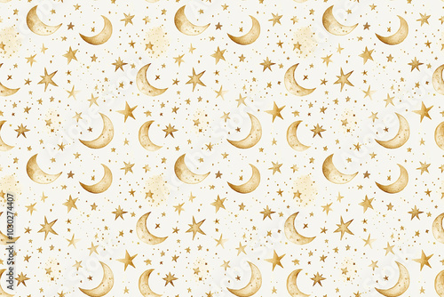 Obraz na płótnie A seamless watercolor arrangement of golden stars and moon in multiple sizes on a pale background, perfect for wallpapers, and paper gift packaging. w salonie