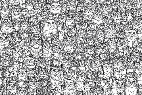 Dense black and white pattern of cats each with unique facial expressions creating a visually complex and dynamic design suited for textiles or wrapping paper photo