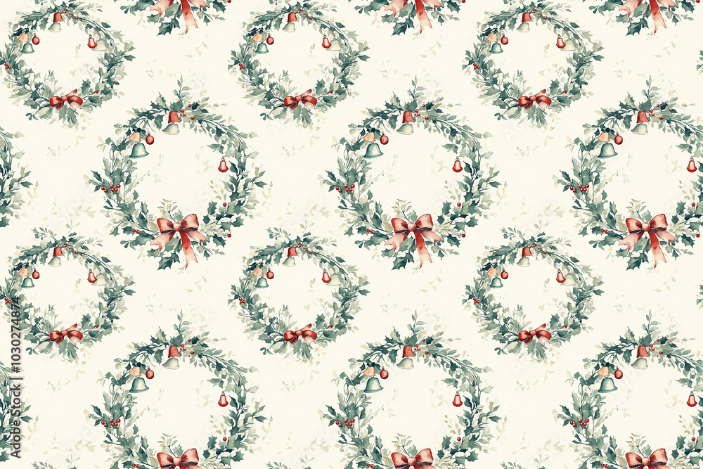 A festive seamless pattern showcasing watercolor Christmas wreaths, beautifully decorated with red bows, bells, and holly berries, perfect for holiday-themed designs and gift wrapping.