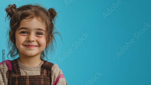 World Refugee Day. Photograph of a smiling refugee child, looking hopeful, standing against a sky blue background photo