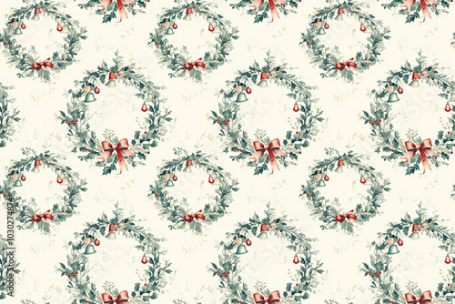 Obraz na płótnie A festive seamless pattern showcasing watercolor Christmas wreaths, beautifully decorated with red bows, bells, and holly berries, perfect for holiday-themed designs and gift wrapping. w salonie