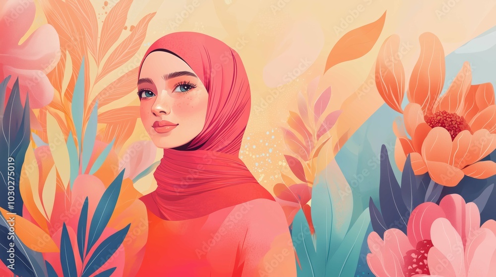 A captivating illustration of a girl with hijab, radiating creativity through vibrant shapes and fresh colors, inviting exploration in a whimsical space, muslim girl illustration A captivating illustration of a girl with hijab, radiating creativity through vibrant shapes and fresh colors, inviting exploration in a whimsical space, muslim girl illustration