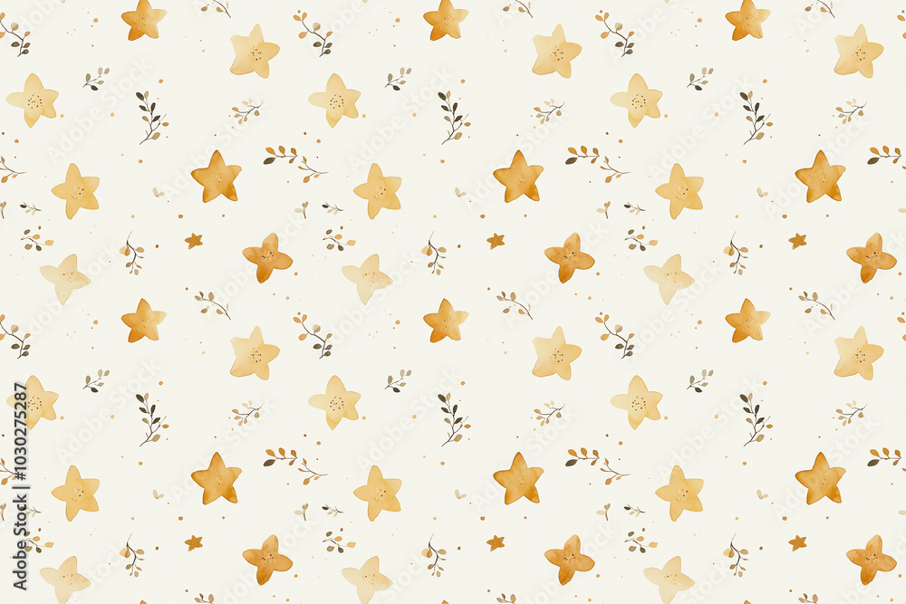 A continuous watercolor design featuring golden stars of various sizes on a soft, light background, perfect for wallpapers, and paper gift packaging.