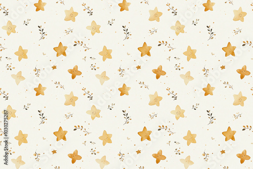 Obraz na płótnie A continuous watercolor design featuring golden stars of various sizes on a soft, light background, perfect for wallpapers, and paper gift packaging. w salonie