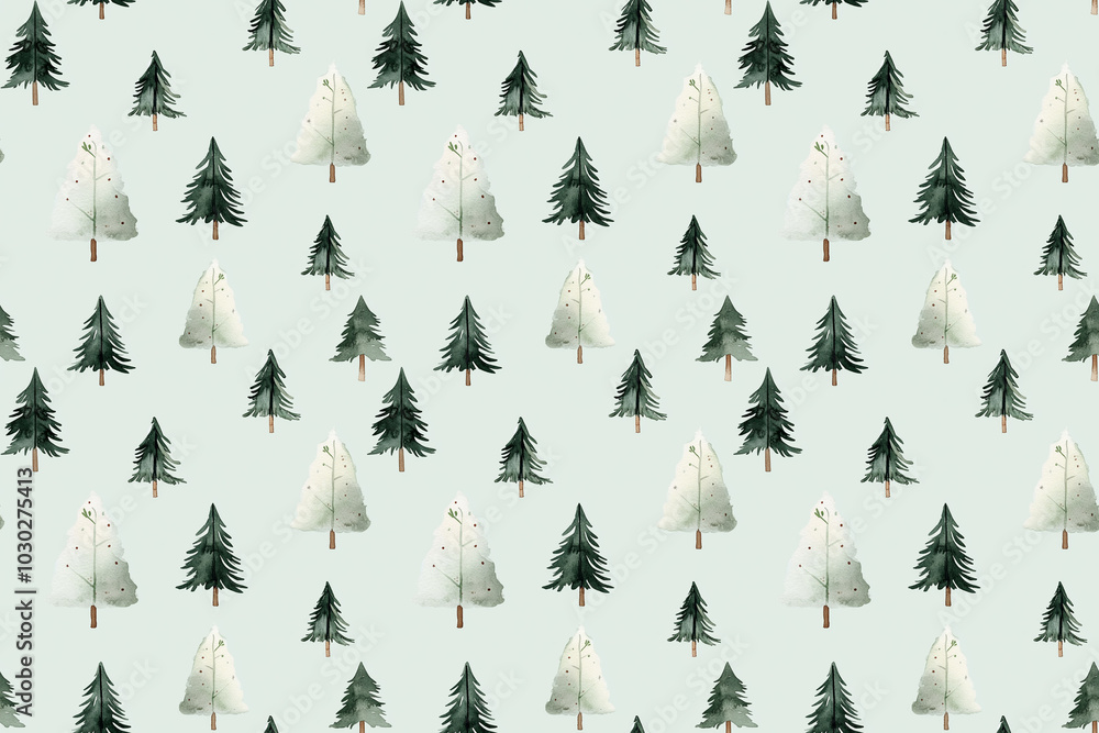 Obraz premium This seamless pattern showcases watercolor Christmas trees set against a gentle green backdrop, ideal for creating holiday-themed designs and gift wrap.