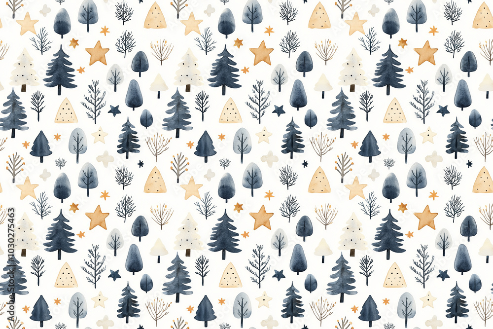 Seamless watercolor pattern abstract winter trees, stars, and simple botanical elements in blue and gold tones on white.