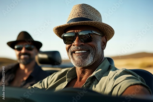 Two stylish older men enjoying a road trip, smiling and wearing sunglasses. One man has a straw hat and a relaxed expression, while the other sports a darker hat. The scene captures a moment of friend