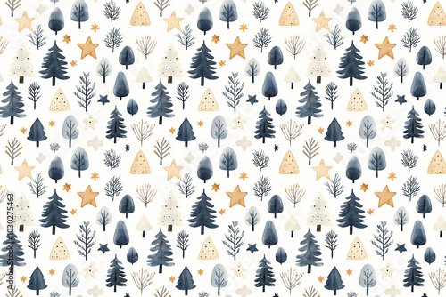 Obraz na płótnie Seamless watercolor pattern abstract winter trees, stars, and simple botanical elements in blue and gold tones on white. w salonie