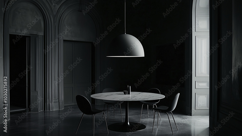 Minimalist dining area featuring a marble table, slim modern chairs, and a simple pendant light overhead Minimalist dining area featuring a marble table, slim modern chairs, and a simple pendant light overhead