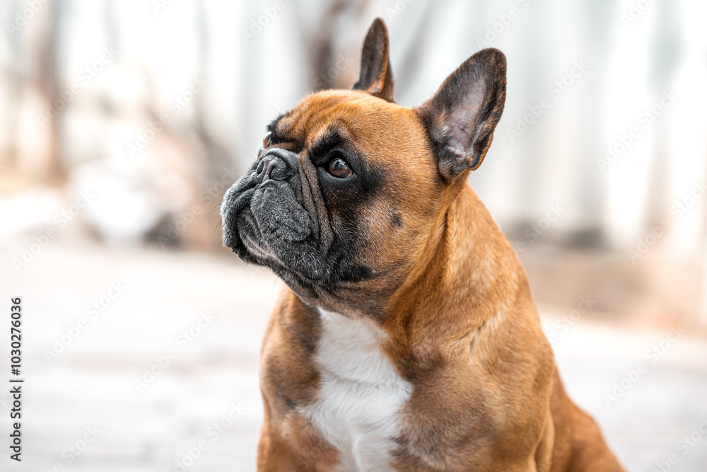 Fototapeta premium male French bulldog sitting on the sidewalk on a sunny day