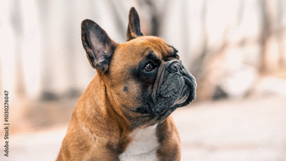 Fototapeta premium male French bulldog sitting on the sidewalk on a sunny day