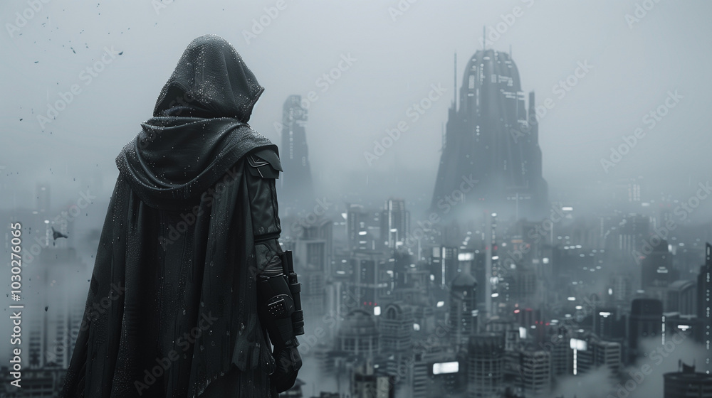 A cloaked figure stands on a rainy rooftop, gazing at a misty futuristic city filled with skyscrapers A cloaked figure stands on a rainy rooftop, gazing at a misty futuristic city filled with skyscrapers