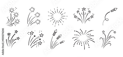 Fireworks and stars doodle Hand drawn set. Doodle Firework sketch. Linear vector explosions collection
