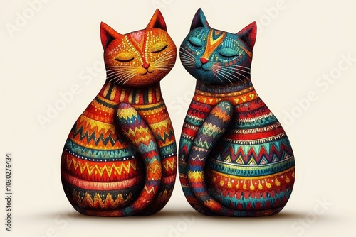 Two colorful patterned cat statues sitting side by side their intricate designs highlighting a bold ethnic inspired aesthetic in a warm visually striking arrangement photo