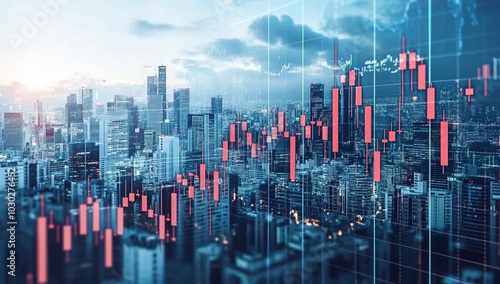 landscape with focus on financial data visualization, featuring skyline filled with skyscrapers and digital graph overlay. scene conveys sense of modernity and economic