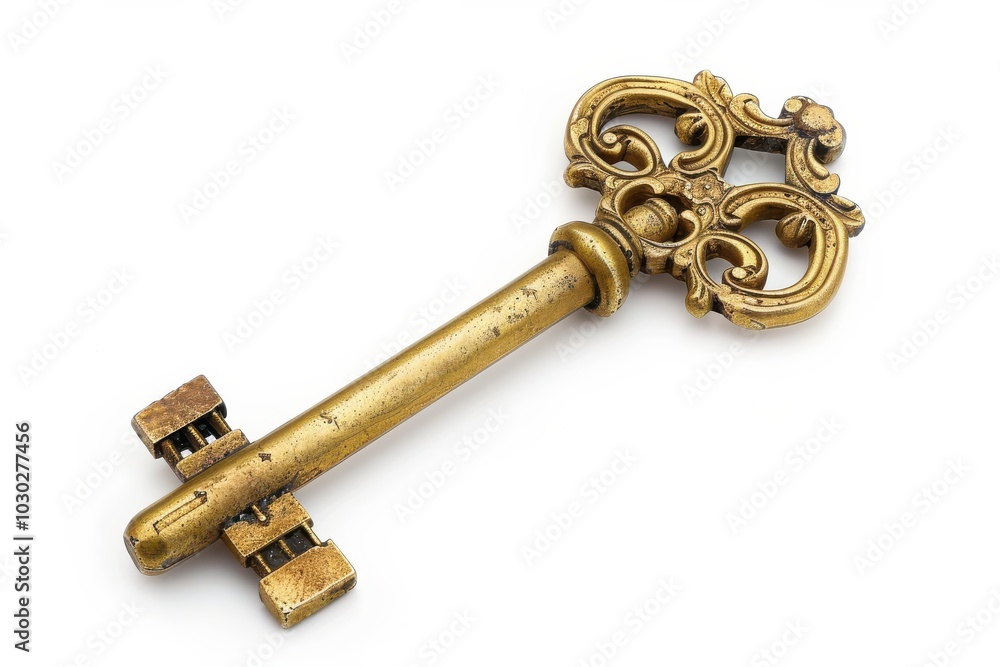Isolated Old Golden House Key for Real Estate and Home Security Concept Isolated Old Golden House Key for Real Estate and Home Security Concept