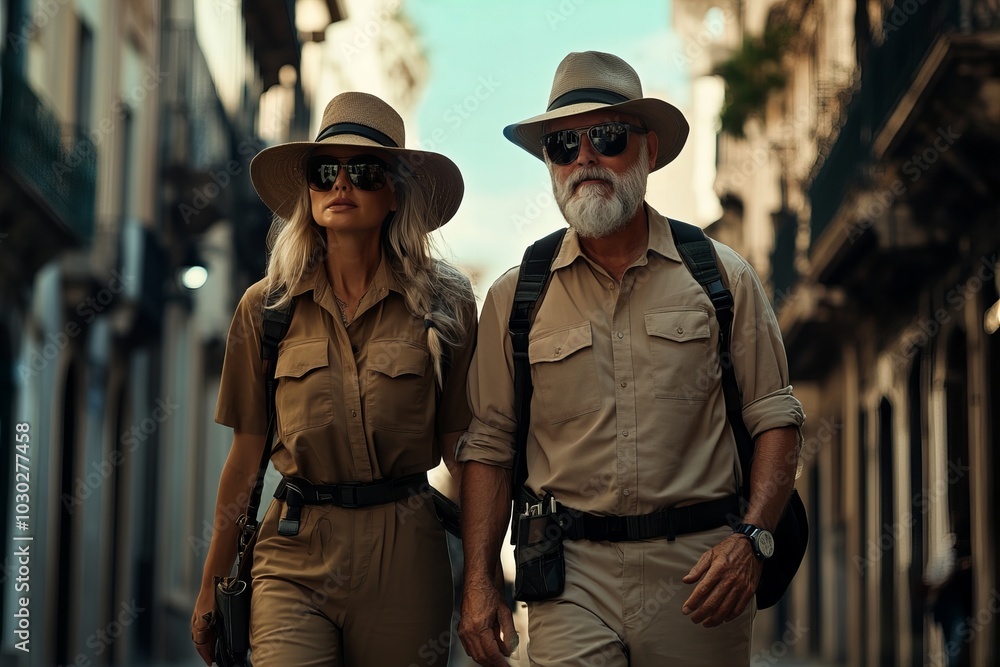 Senior couple dressed in matching safari-style outfits, confidently exploring a foreign city. Both are wearing wide-brimmed hats and sunglasses, with backpacks on their shoulders Senior couple dressed in matching safari-style outfits, confidently exploring a foreign city. Both are wearing wide-brimmed hats and sunglasses, with backpacks on their shoulders