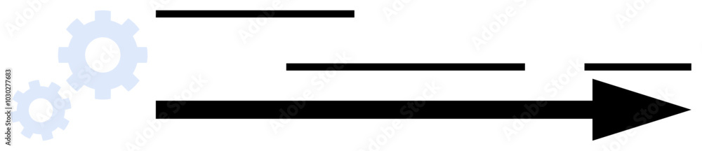 Black arrow pointing right with light blue gears and horizontal lines suggesting movement and speed. Ideal for technology, business processes, progress, efficiency, and direction Black arrow pointing right with light blue gears and horizontal lines suggesting movement and speed. Ideal for technology, business processes, progress, efficiency, and direction