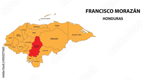 Francisco Morazán Map is highlighted on the honduras map with detailed state and region outlines.