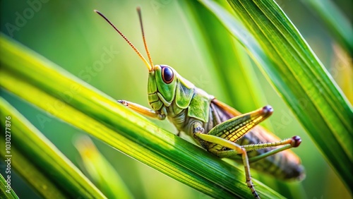 Low angle view of grasshopper hiding behind grass blade photo