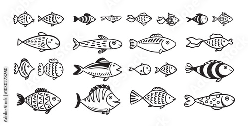 Doodle fish icon set. hand drawn Fish sketch collection. Underwater world sea life ocean