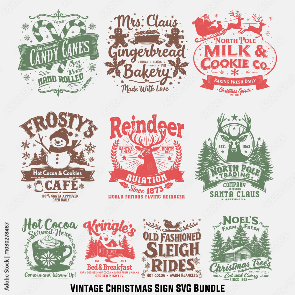 Fototapeta premium Vintage Christmas Sign Bundle Design, Hand drawn lettering phrase isolated on white background, Calligraphy T-shirt design