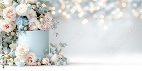 A blue vase with flowers in it is on a white background