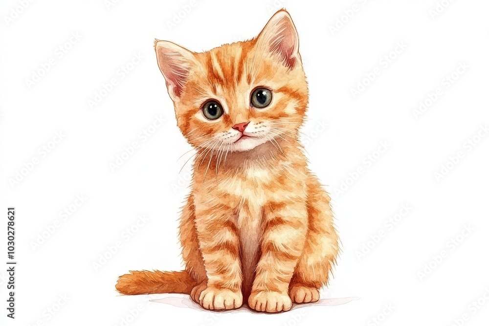 Obraz premium Orange tabby kitten sitting upright with wide eyes its fur softly textured in a detailed illustration that captures youth innocence and curiosity
