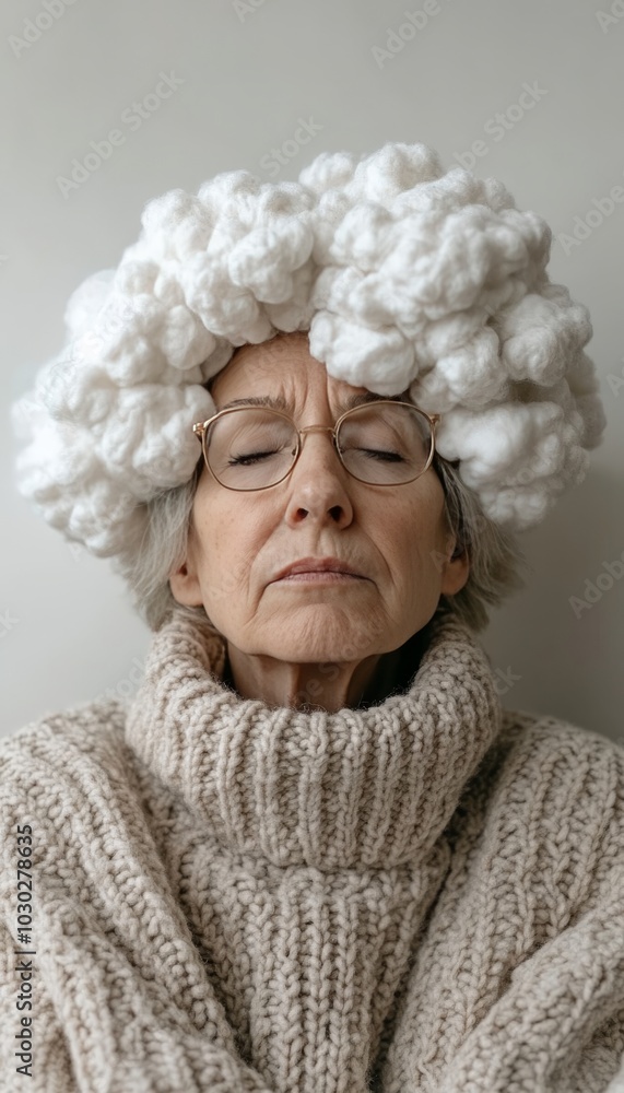 Senior Woman with Whimsical Cloud Headpiece, Representing Imagination, Dreams, or Mental Health Senior Woman with Whimsical Cloud Headpiece, Representing Imagination, Dreams, or Mental Health