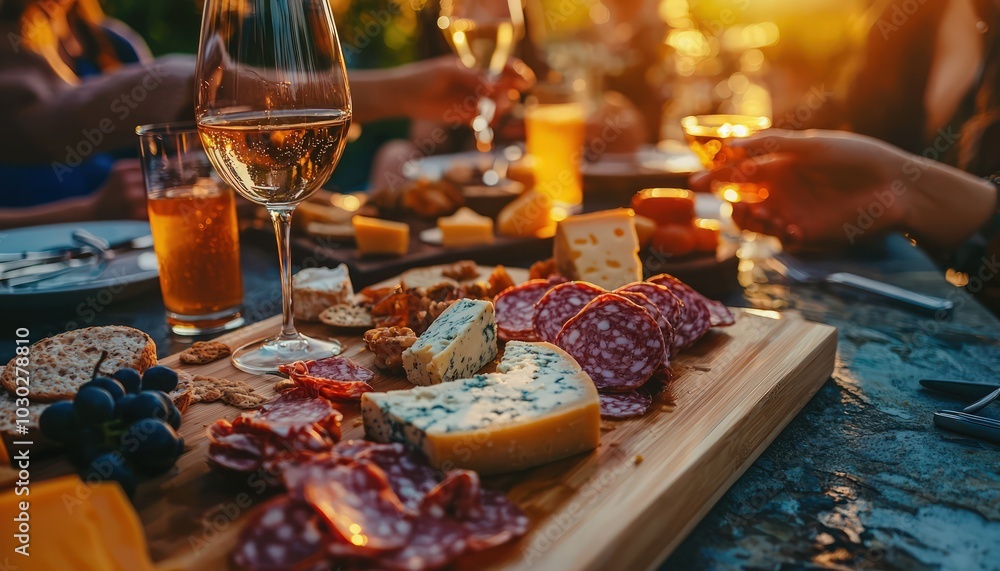Group friends enjoying cheese and wine at a rooftop restaurant during sunset. Group friends enjoying cheese and wine at a rooftop restaurant during sunset.
